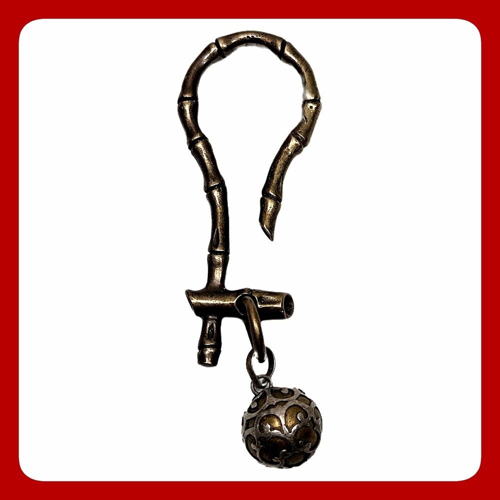 Bamboo Brass Hook Keychain Filigree Orb Bell Charm Vintage Style Bronze Key Ring